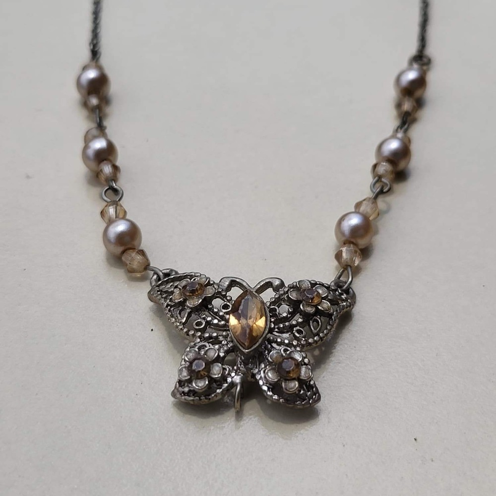 Vintage Metal Faux Pearl Butterfly Pendant Necklace Silver Amber Bead Floral